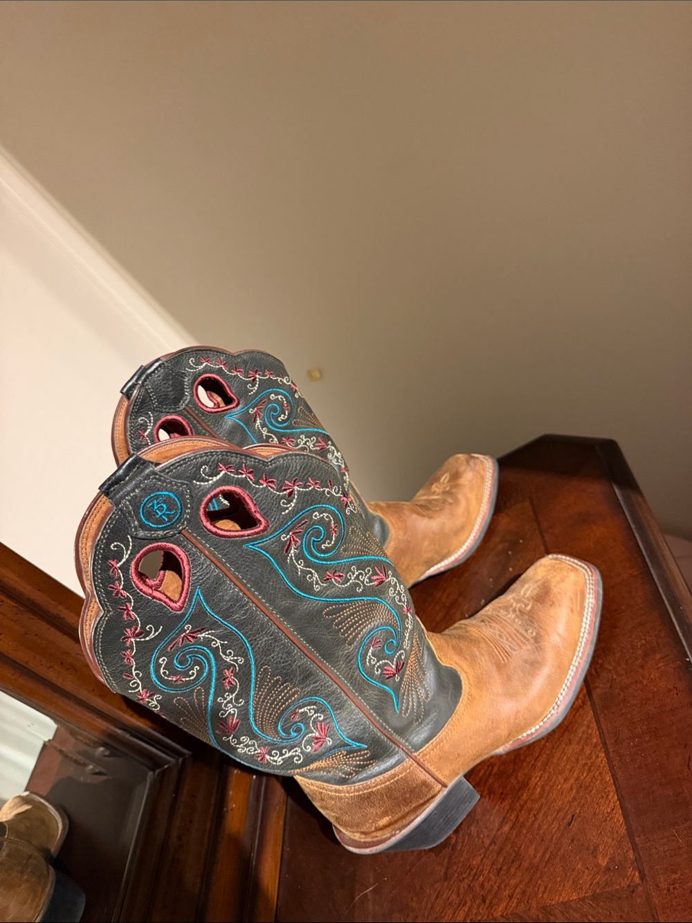 Tony Lama Brown Leather Western Boots with Teal and Pink Embroidery